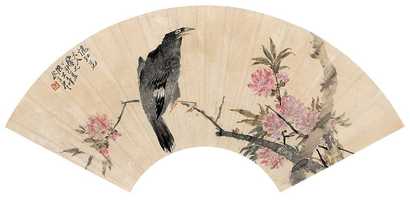 王礼 1867（丁卯）年作 桃花八哥 扇面
